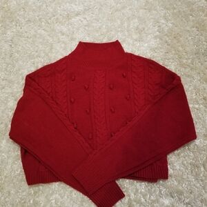 Iz Byer Red Bobble Pom Cable Knit Mock Turtle Neck Cropped Slouch Sweater Sz M